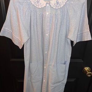 Classic Light Blue Button-Front Nightgown with Embroidered Collar